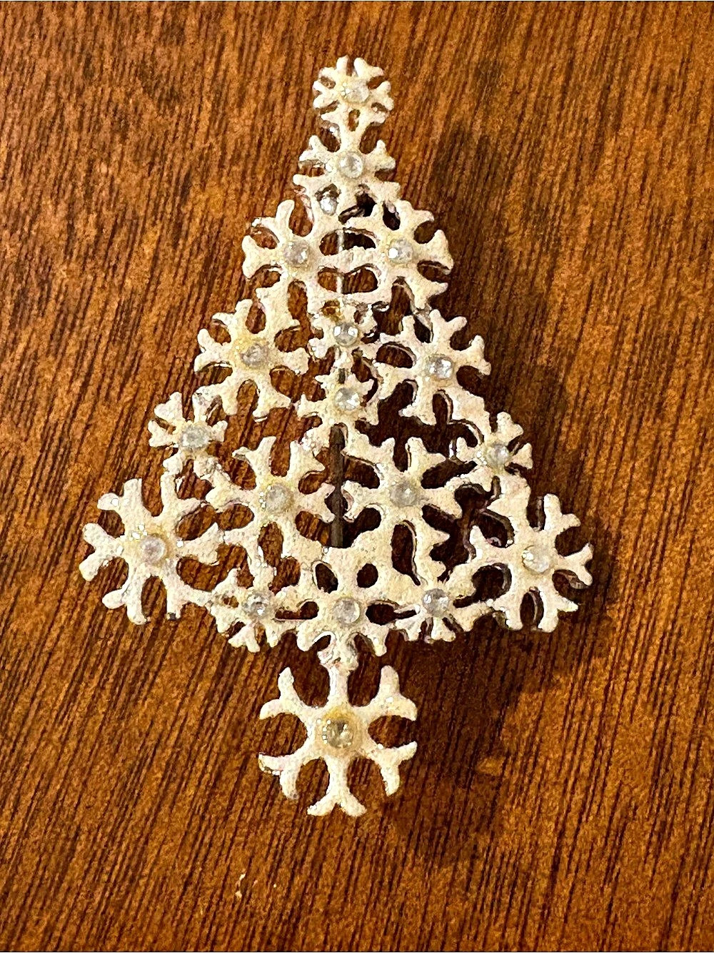 Snowflake Christmas Tree Brooch Silver Tone Rhinestone Holiday Pin